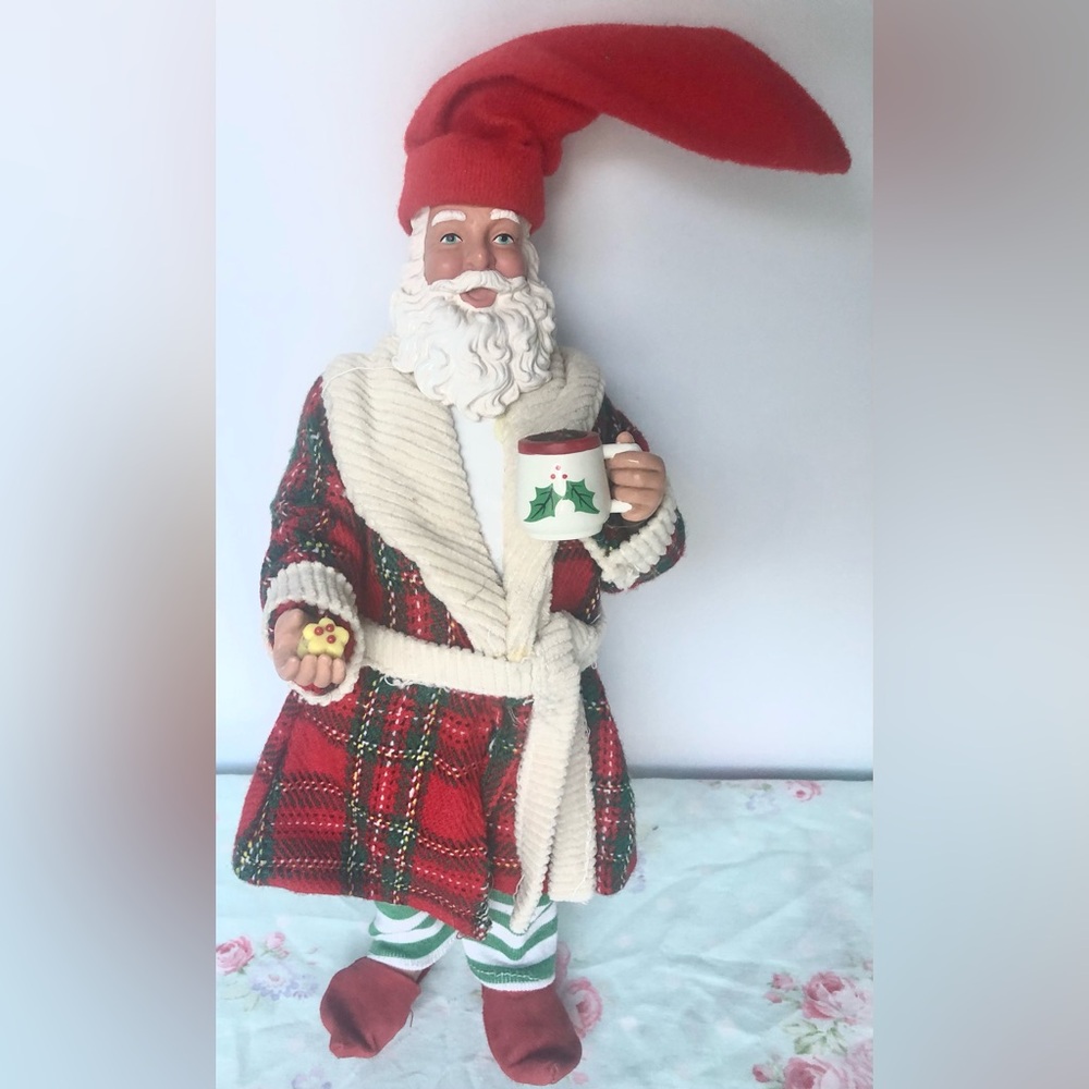 Vintage Santa Doll from 1980's in a  Robe with a Morning Cup of Coffee & Cookie